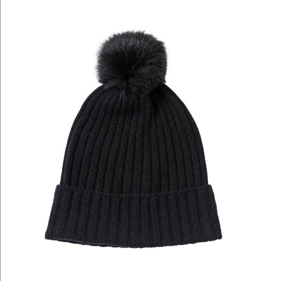 AMICALE Cashmere Genuine Shearling Pompom Beanie Hat, Color: Black, One Size NWT